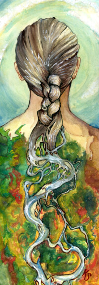 This painting features the back of a woman's head, her braided hair unraveling into the sloughs of the Tanana River.
