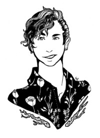 Ink portrait of a person with an asymmetric undercut and poppy-themed collared shirt, with a twig motif underneath.