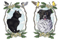 Two pet portraits, a cat and a dog, both with the sky behind them and a wreath of magnolia stems, leaves, and flowers. The black cat is looking up and to the right, and the dog is smiling and looking toward the viewer. Above them, chickadees for the cat, and goldfinches for the dog.