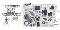 The cover and an inside spread of a zine, the "Beginner's Guide to Field Videography." The spread is of a table full of field videography equipment.