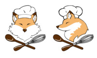 Two logos of a fox in a chef hat, one from the front and one from the side. A spoon and whisk are below the fox reminiscent of a skull and crossbones.