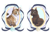 Two cats drawn surrounded by separate but matching ribboned moon-and-space-themed wreaths