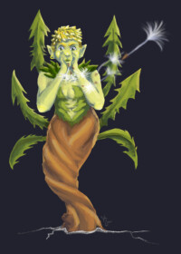 A green feminine person in a pixie cut emerges from the ground with a form-fitting skirt fimilar to roots. Her chest is covered by dandelion leaves, and she blows dandelion seeds toward the viewer.