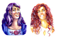 Two watercolor portraits. On the left, a woman with cool hues and a rose motif. On the right, a younger woman painted with with warm hues.