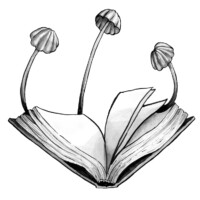Ink wash illustration of parachute mushrooms growing from a book.