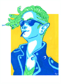 A medusa with a shaved undercut wears sunglasses and a stiff jacket sticks her forked tongue out. The piece features saturated green, yellow, and blues.