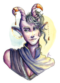 Watercolor portrait of a purple-skinned horned humanoid with gold jewelry and grey hair.